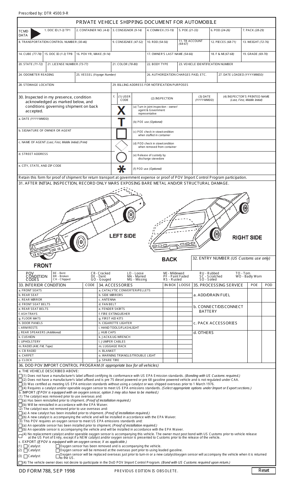 DD Form 788 Private Vehicle Shipping Document for Automobile, Page 1