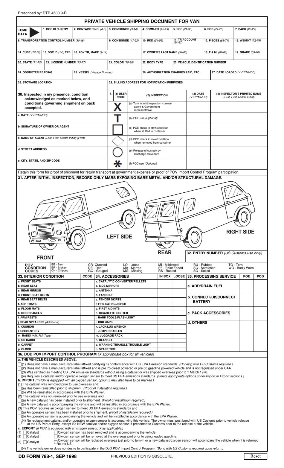 DD Form 788-1 Private Vehicle Shipping Document for Van, Page 1