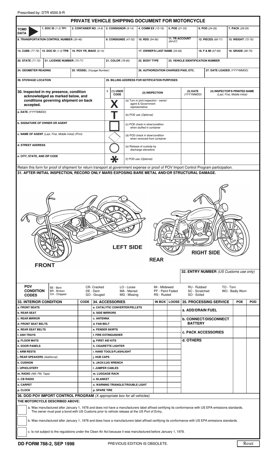 DD Form 788-2 Private Vehicle Shipping Document for Motorcycle, Page 1