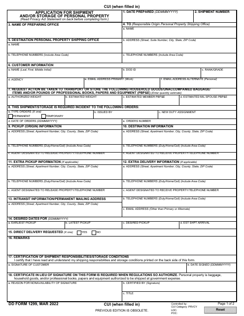 DD Form 1299 Application for Shipment and/or Storage of Personal Property
