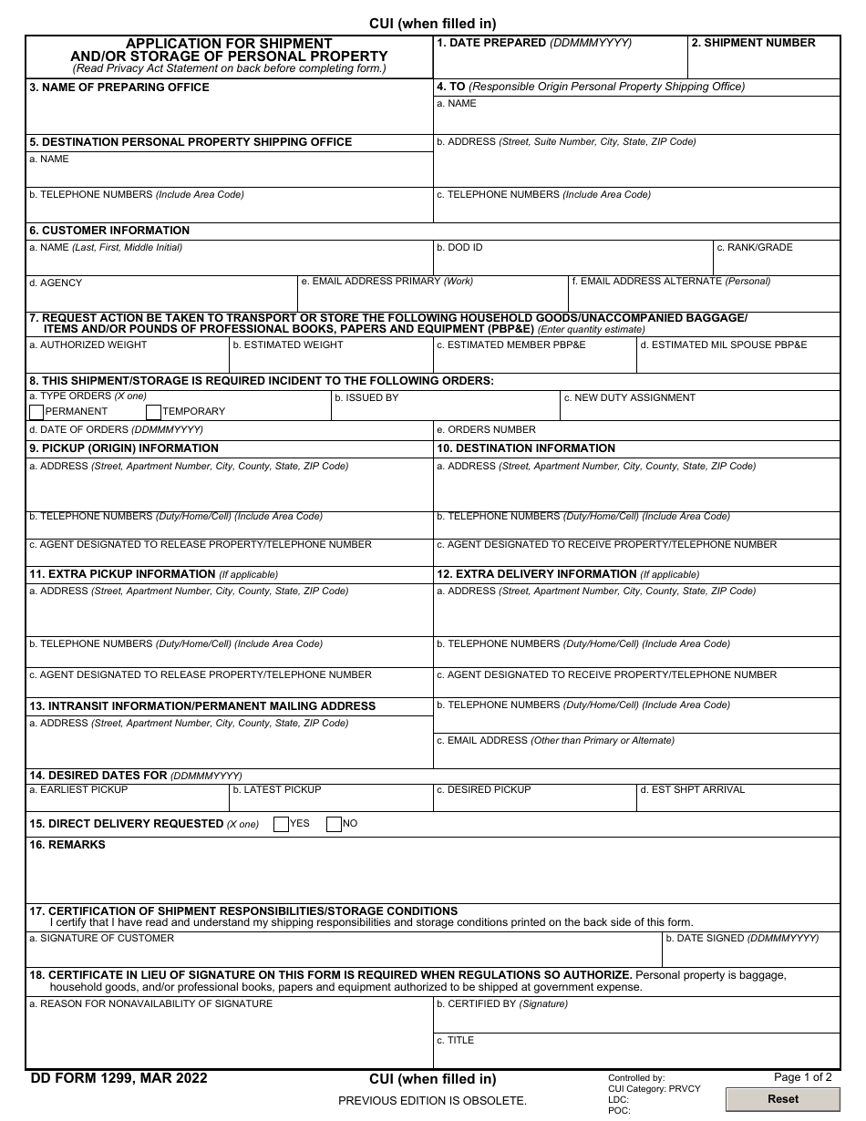 DD Form 1299 Application for Shipment and / or Storage of Personal Property, Page 1