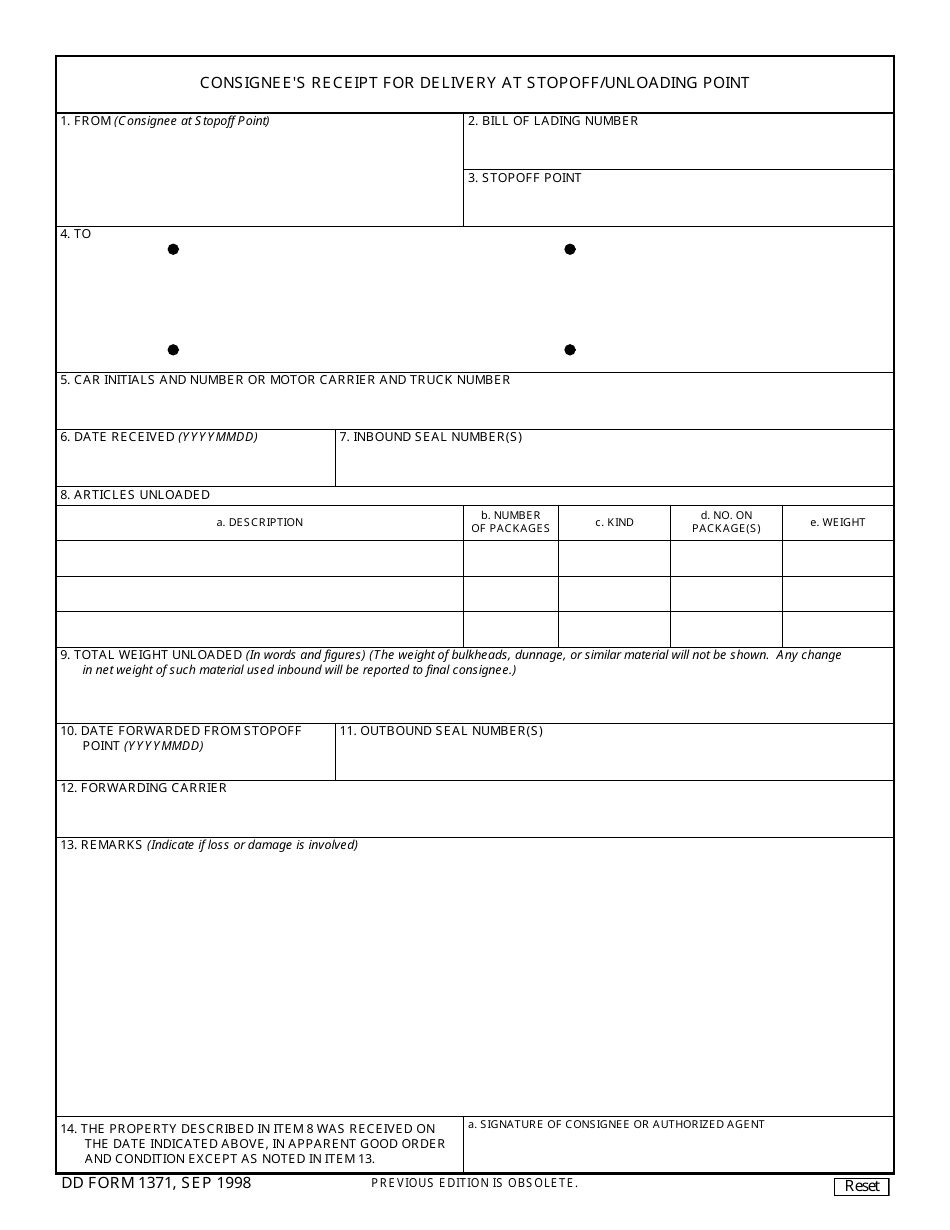 DD Form 1371 Consignees Receipt for Delivery at Stopoff / Unloading Point, Page 1