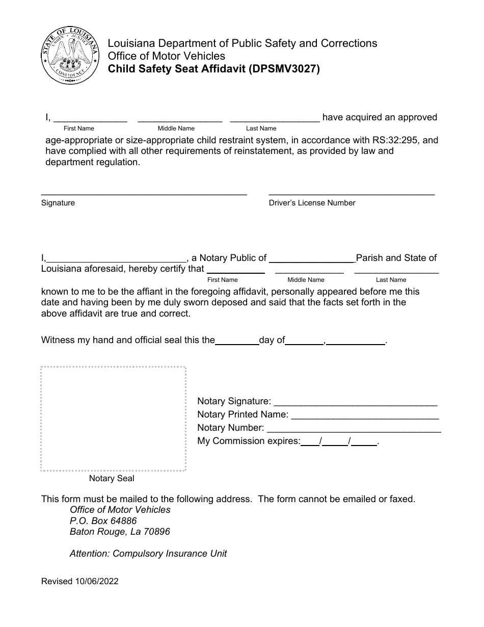 Form DPSMV3027 Child Safety Seat Affidavit - Louisiana, Page 1
