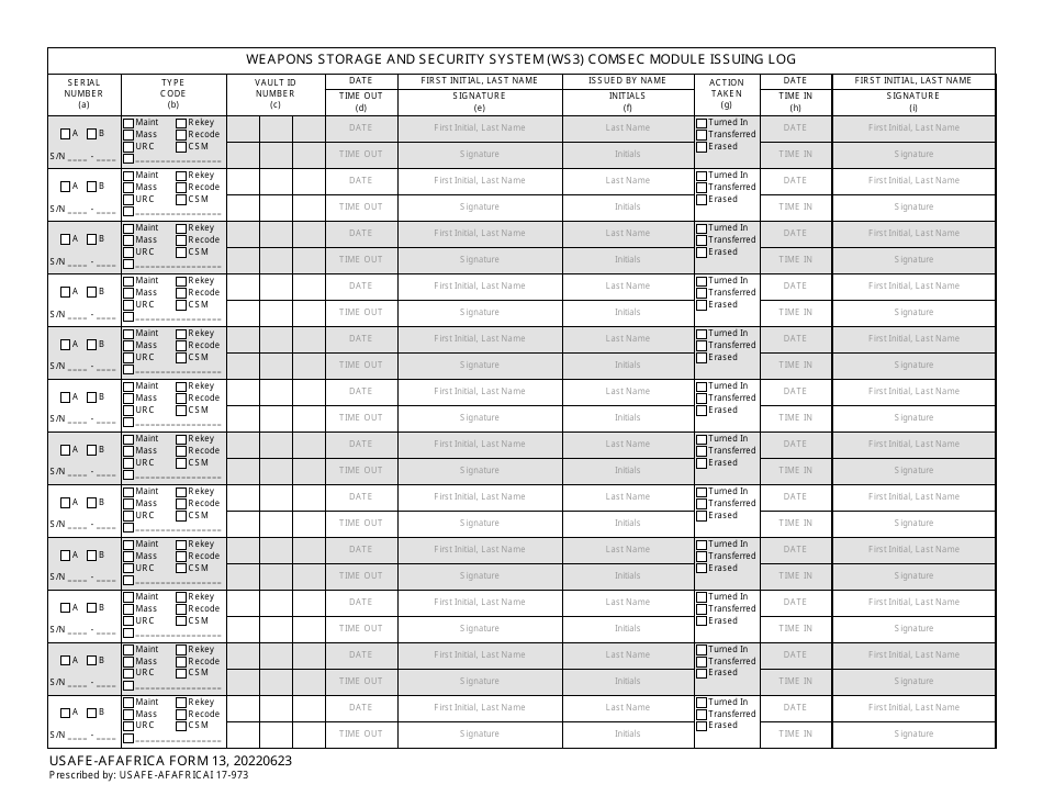 USAFE-AFAFRICA Form 13 Weapons Storage and Security System (Ws3) Comsec Module Issuing Log, Page 1