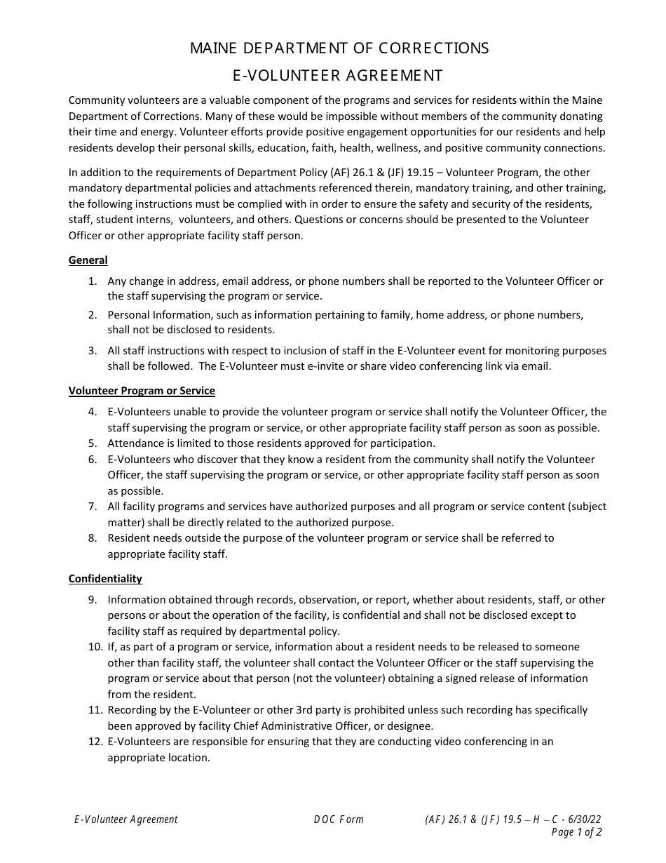 Maine EVolunteer Agreement Fill Out, Sign Online and Download PDF