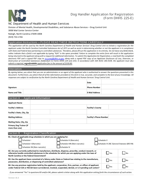 Form DHHS225-E Dog Handler Application for Registration - North Carolina