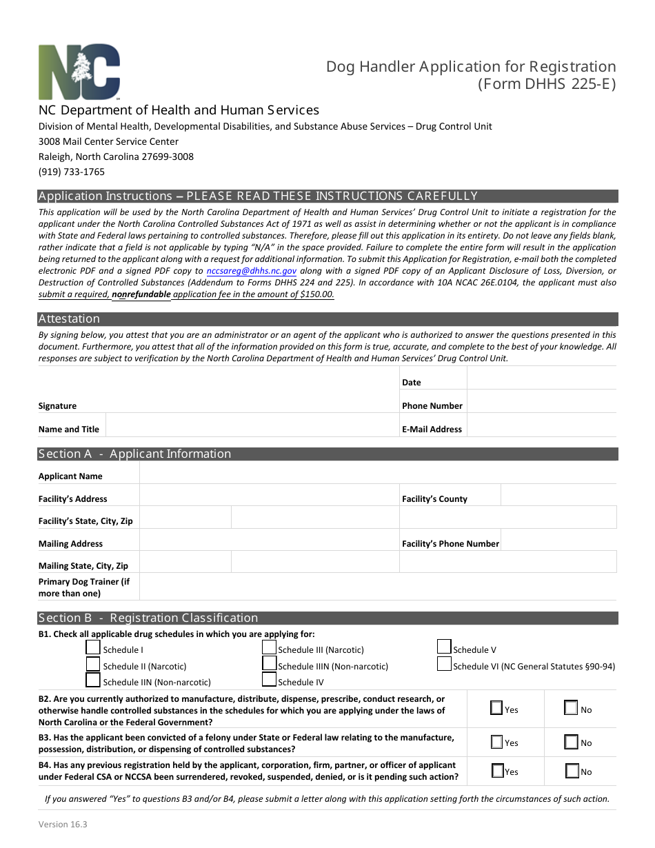 Form DHHS225-E Dog Handler Application for Registration - North Carolina, Page 1