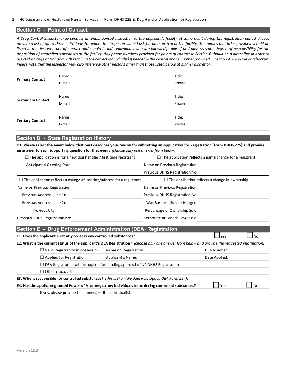 Form DHHS225-E Dog Handler Application for Registration - North Carolina, Page 2