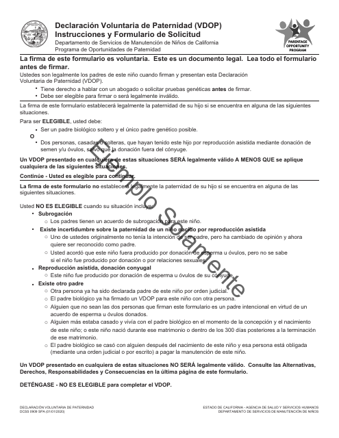 Formulario DCSS0909 SPA Declaracion Voluntaria De Paternidad (Vdop) - Sample - California (Spanish)