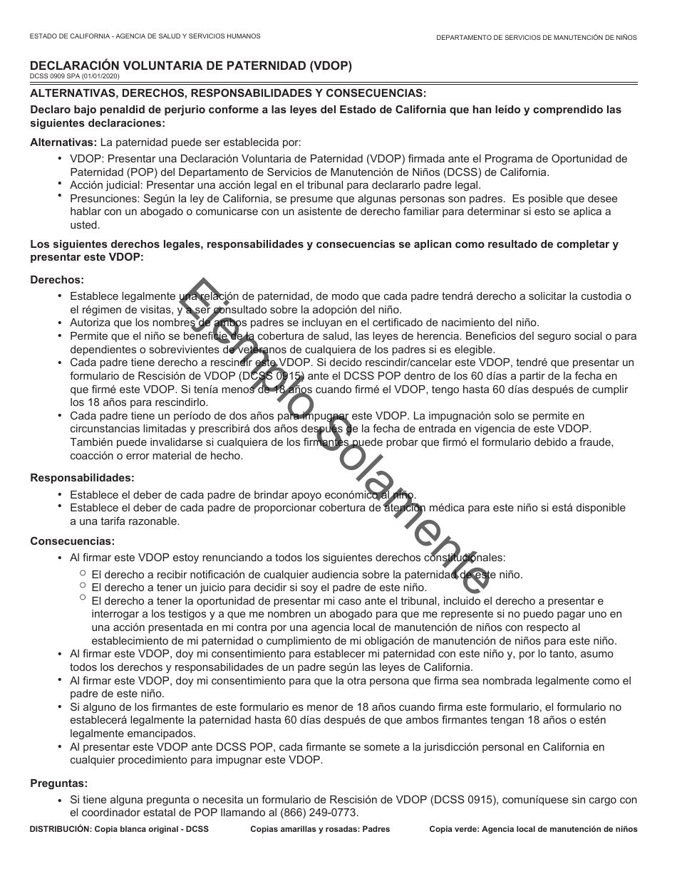 Formulario DCSS0909 SPA Declaracion Voluntaria De Paternidad (Vdop) - Sample - California (Spanish), Page 4