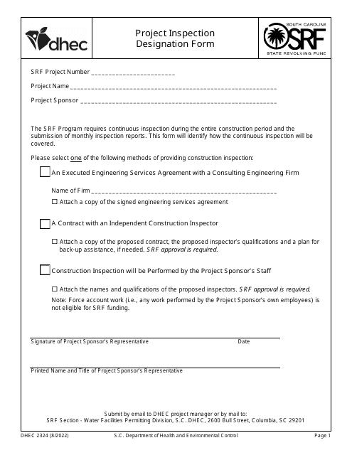 DHEC Form 2324 Project Inspection Designation Form - South Carolina