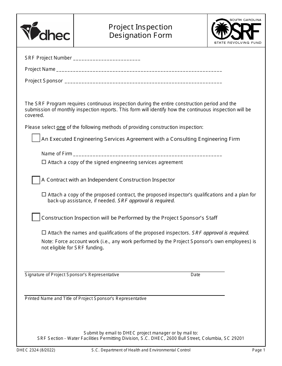 DHEC Form 2324 Project Inspection Designation Form - South Carolina, Page 1