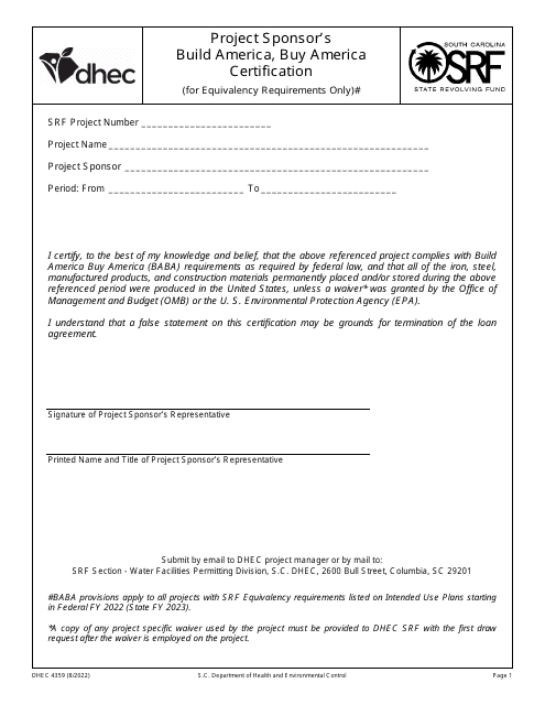 DHEC Form 4359  Printable Pdf