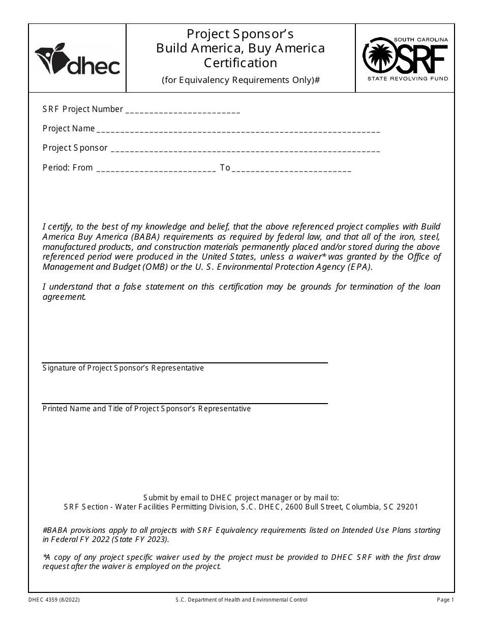 DHEC Form 4359 Fill Out Sign Online and Download Fillable PDF South