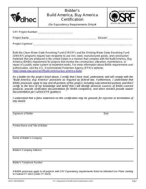 DHEC Form 4360  Printable Pdf