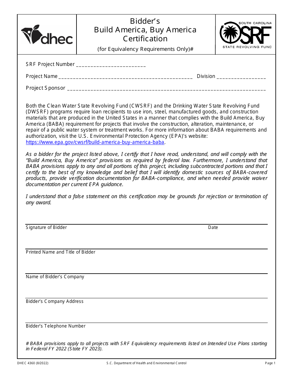 DHEC Form 4360 Bidders Build America, Buy America Certification (For Equivalency Requirements Only) - South Carolina, Page 1