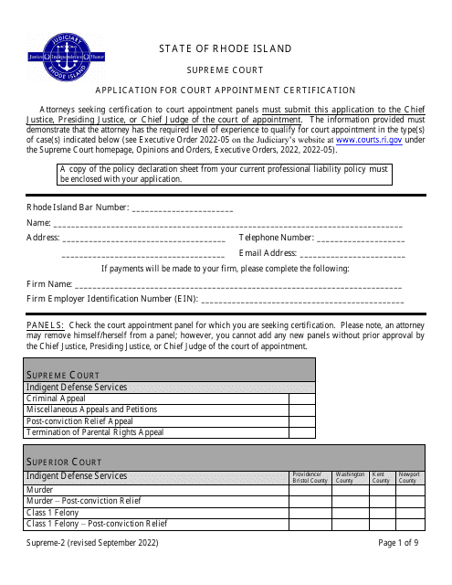 Form Supreme-2 Application for Court Appointment Certification - Rhode Island