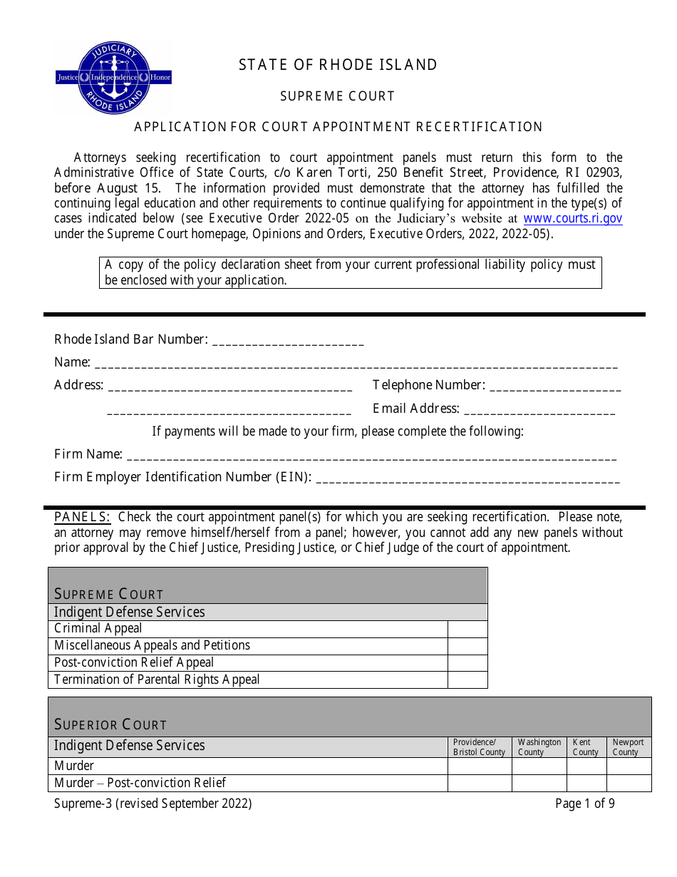 Form Supreme-3 Application for Court Appointment Recertification - Rhode Island, Page 1