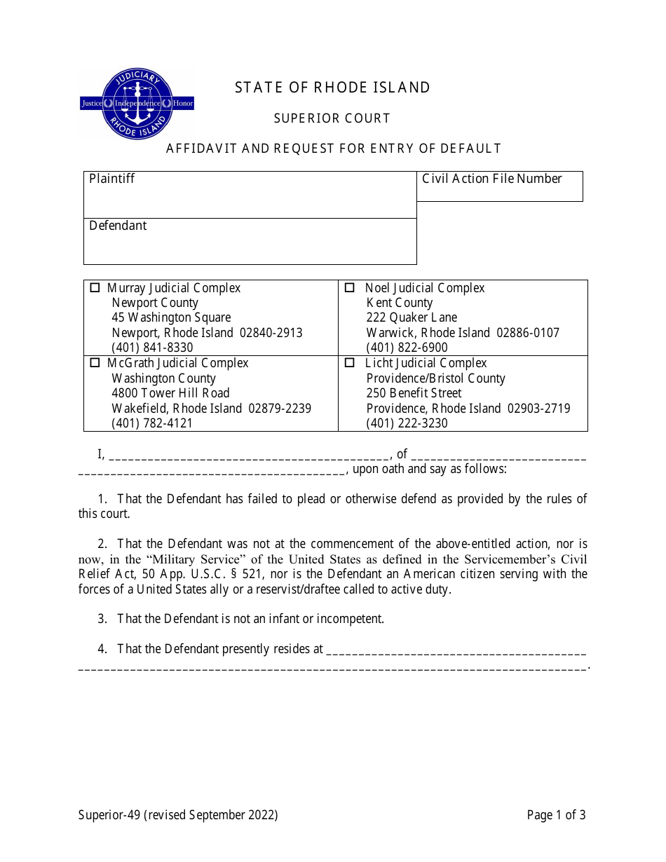 Form Superior-49 Affidavit and Request for Entry of Default - Rhode Island, Page 1