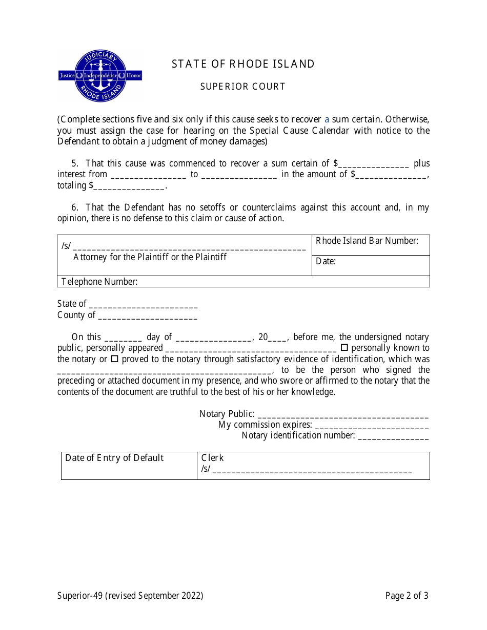 Form Superior-49 Affidavit and Request for Entry of Default - Rhode Island, Page 2