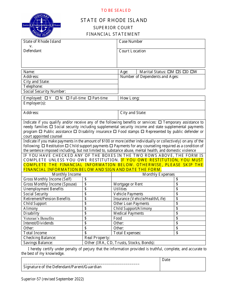 Form Superior-57 Financial Statement - Rhode Island, Page 1