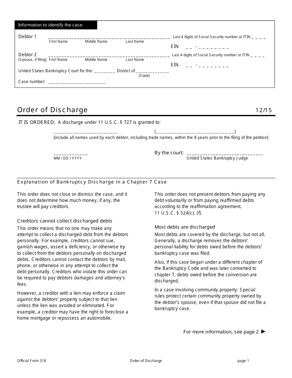 Official Form 318 Order of Discharge, Page 1