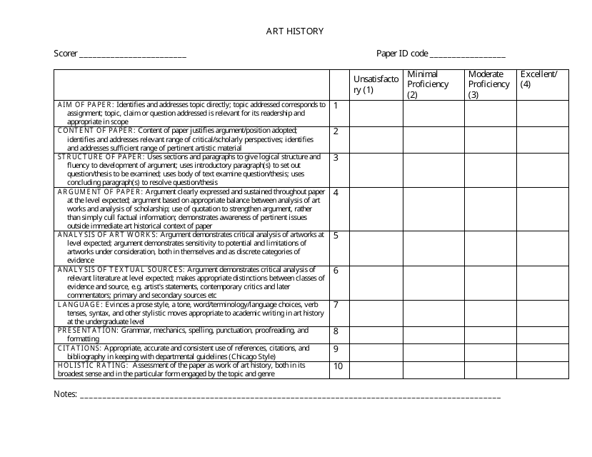 Student Writing Assessment Template for Art History Papers
