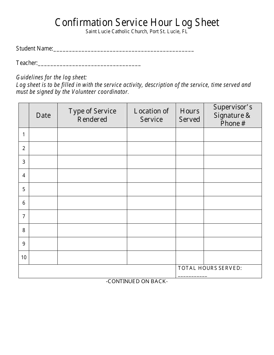 confirmation service hour log sheet saint lucie catholic church port