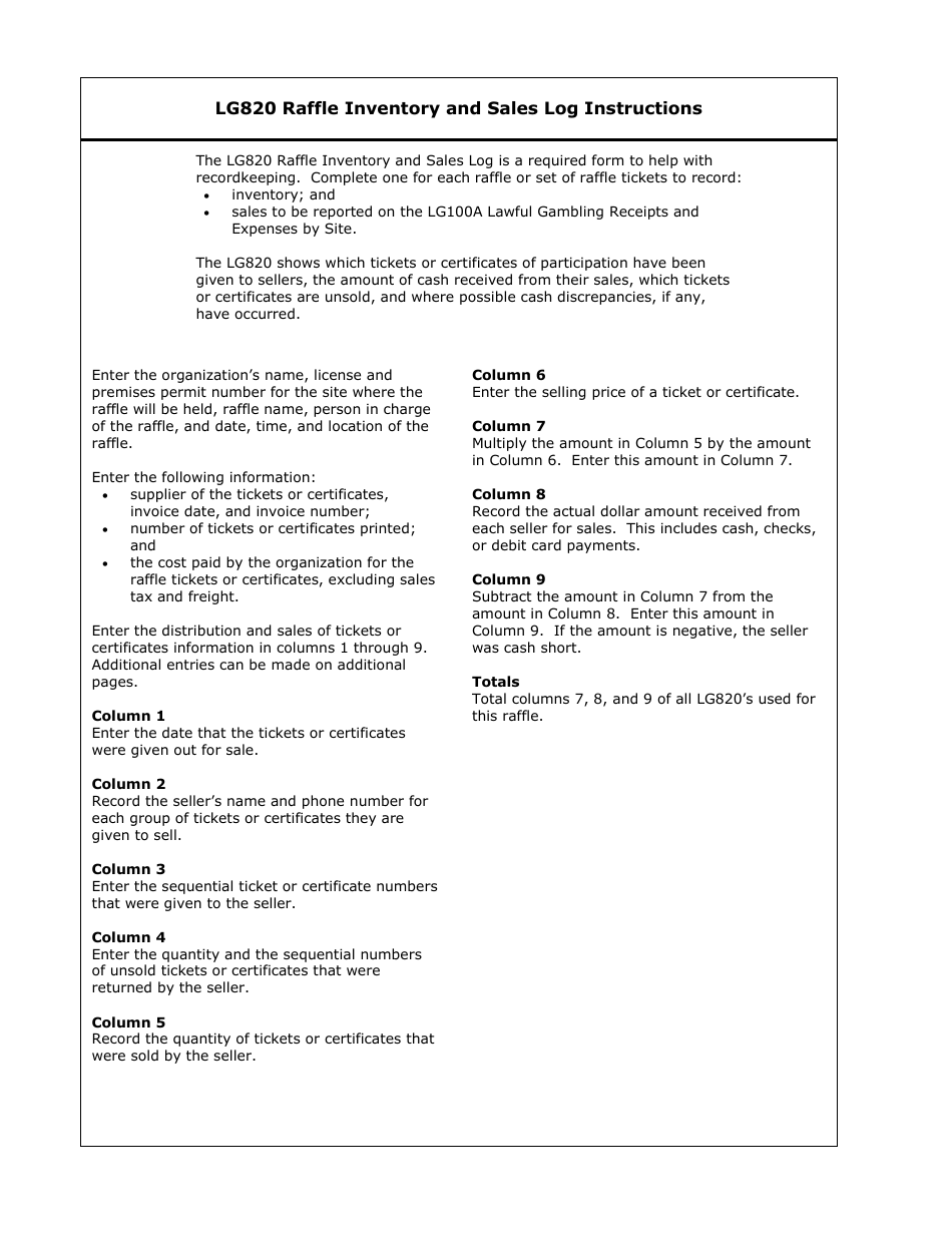 Form LG820 Raffle Inventory and Sales Log - Minnesota, Page 3