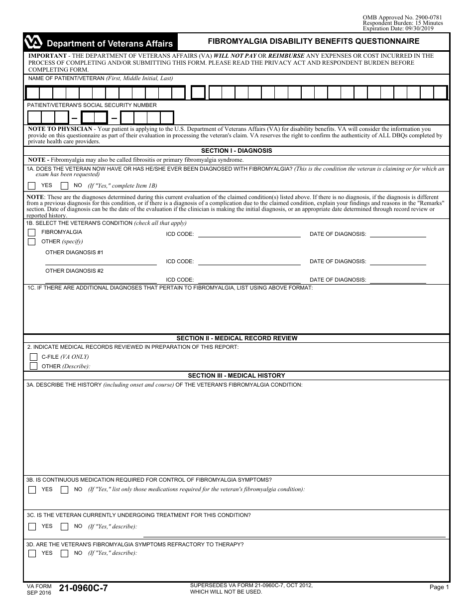 VA Form 21-0960c-7 Fibromyalgia Disability Benefits Questionnaire, Page 1