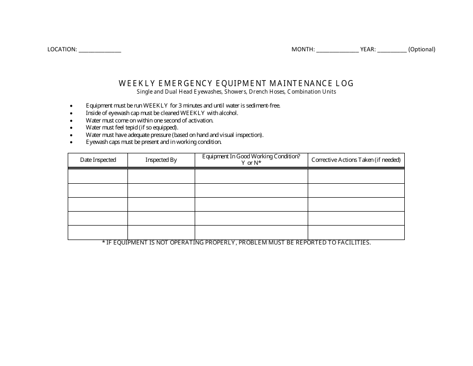 Weekly Emergency Equipment Maintenance Log Template preview image