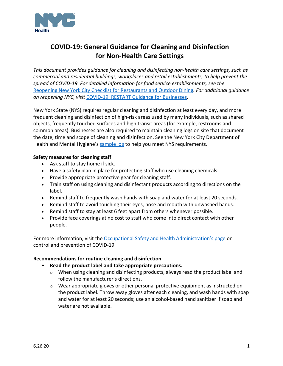 Covid-19: general Guidance for Cleaning and Disinfection for non-Health Care Settings - New York City, Page 1