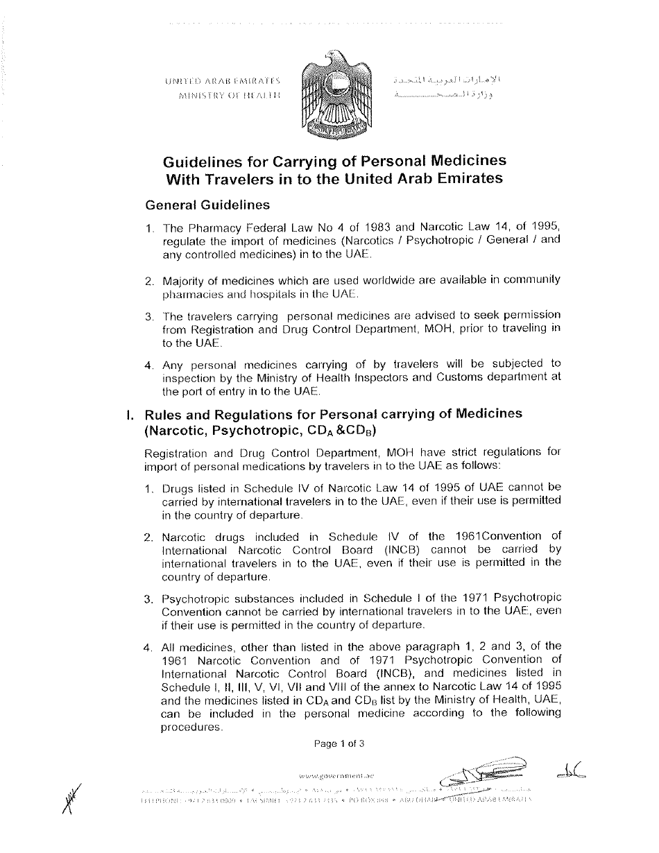 Guidelines for Carrying of Personal Medicines With Travelers in to the United Arab Emirates - United Arab Emirates, Page 1