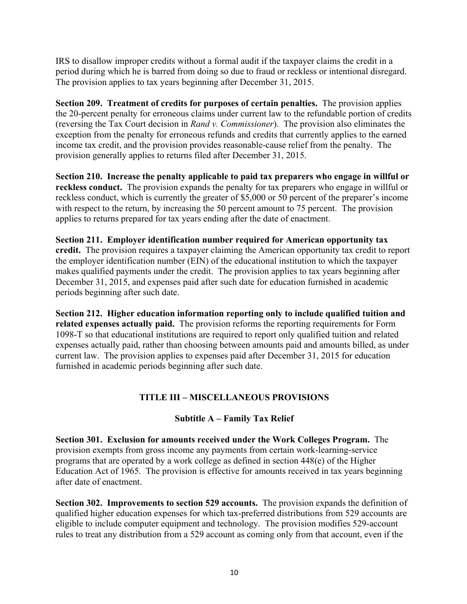 Section-By-Section Summary of the Proposed protecting Americans From Tax Hikes Act of 2015, Page 10