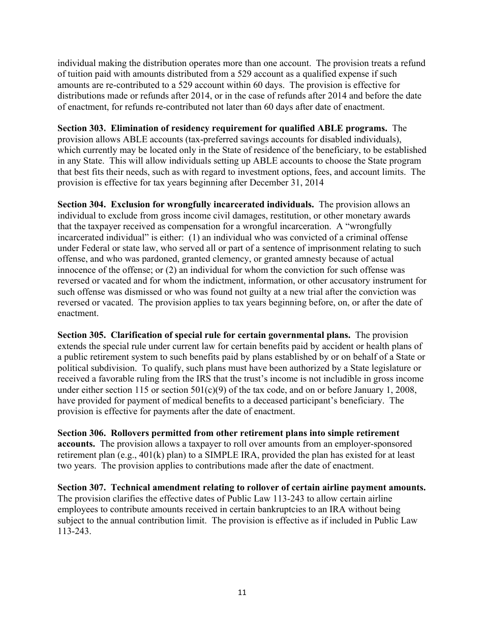 Section-By-Section Summary of the Proposed protecting Americans From Tax Hikes Act of 2015, Page 11