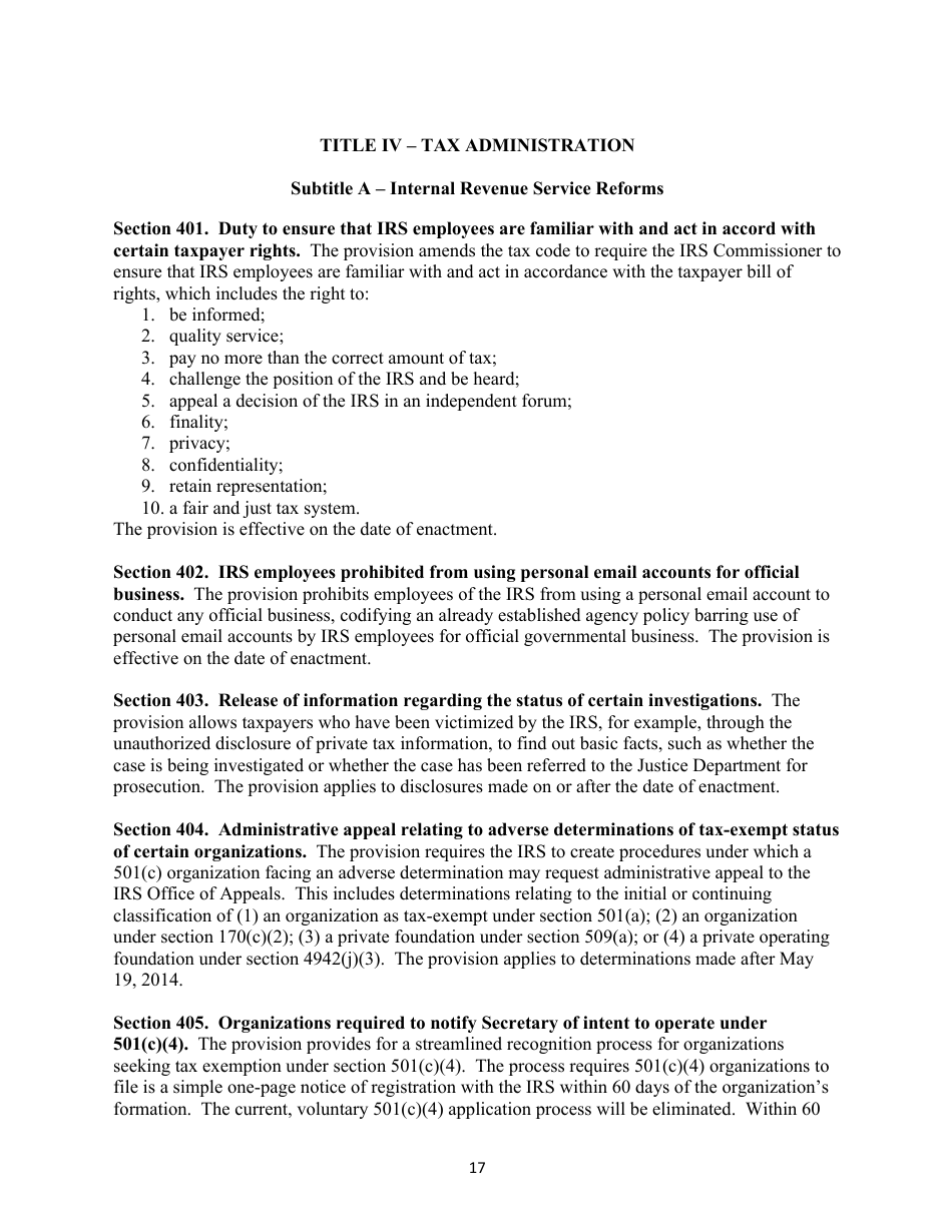 Section-By-Section Summary of the Proposed protecting Americans From Tax Hikes Act of 2015, Page 17