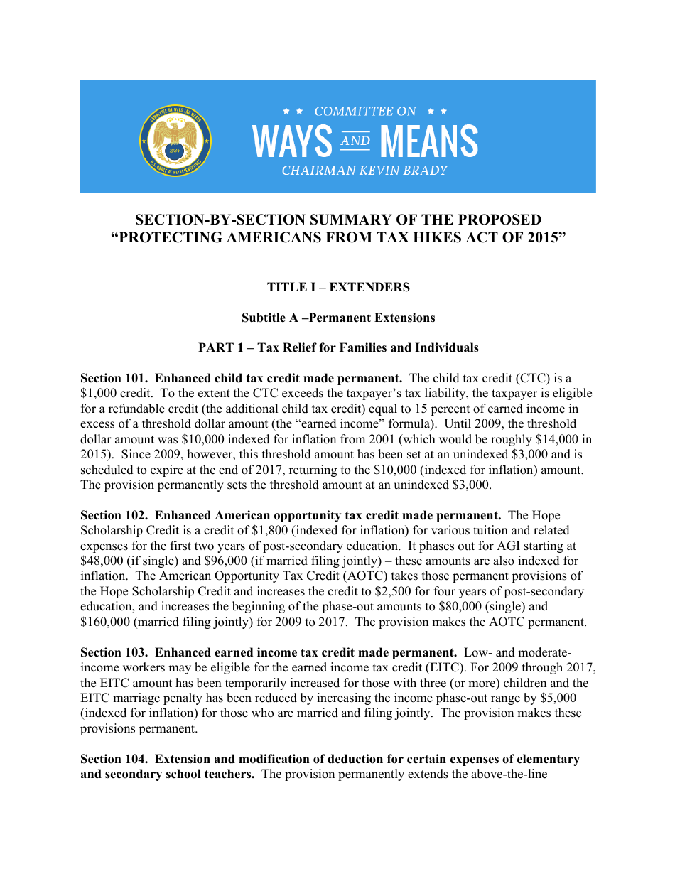 Section-By-Section Summary of the Proposed protecting Americans From Tax Hikes Act of 2015, Page 1