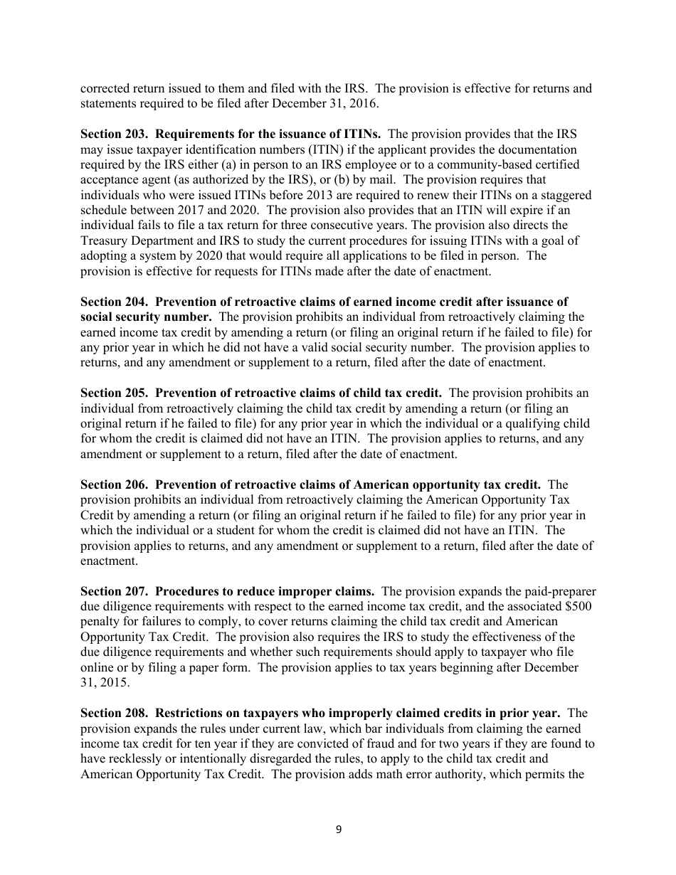 Section-By-Section Summary of the Proposed protecting Americans From Tax Hikes Act of 2015, Page 9