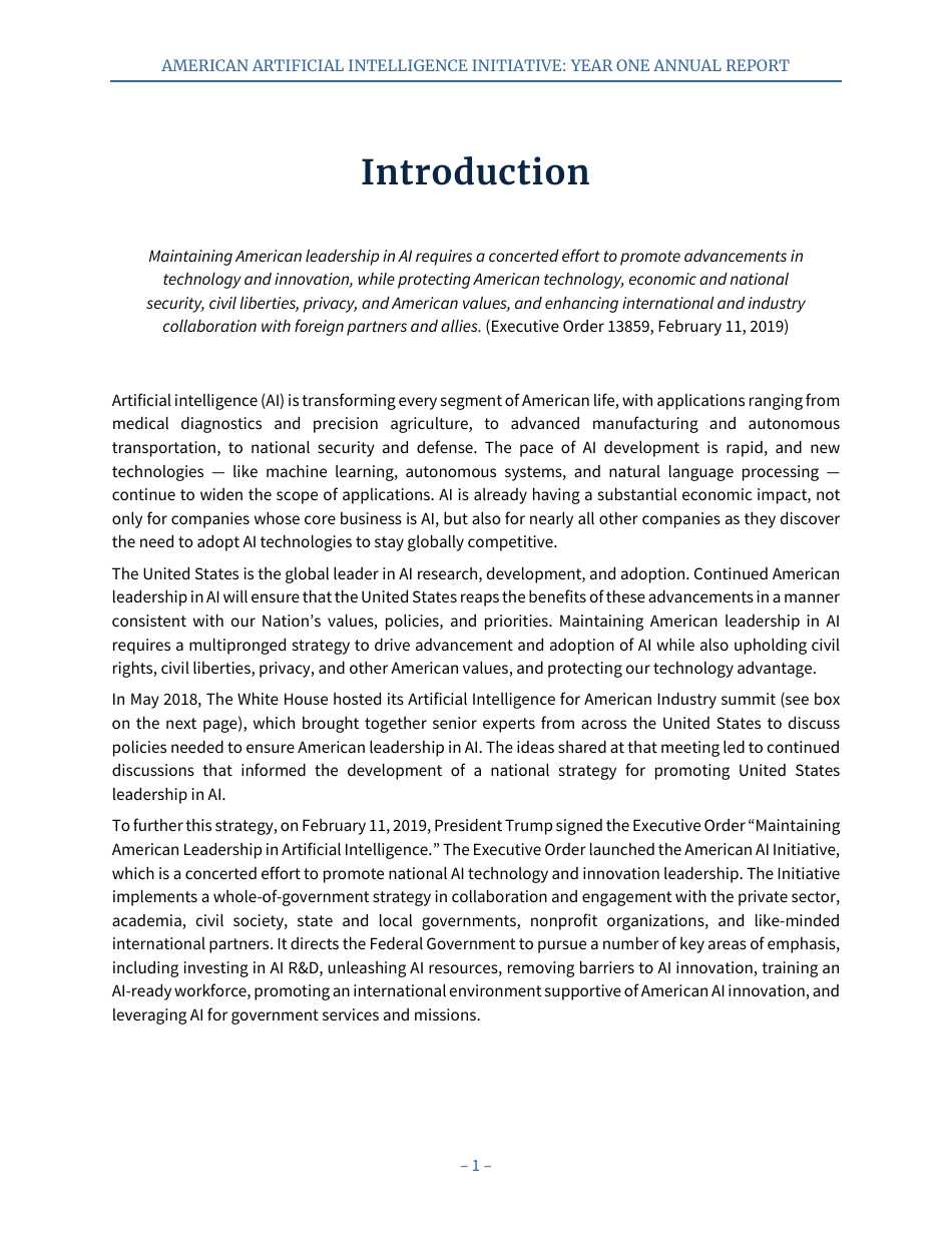 American Artificial Intelligence Initiative: Year One Annual Report, Page 7