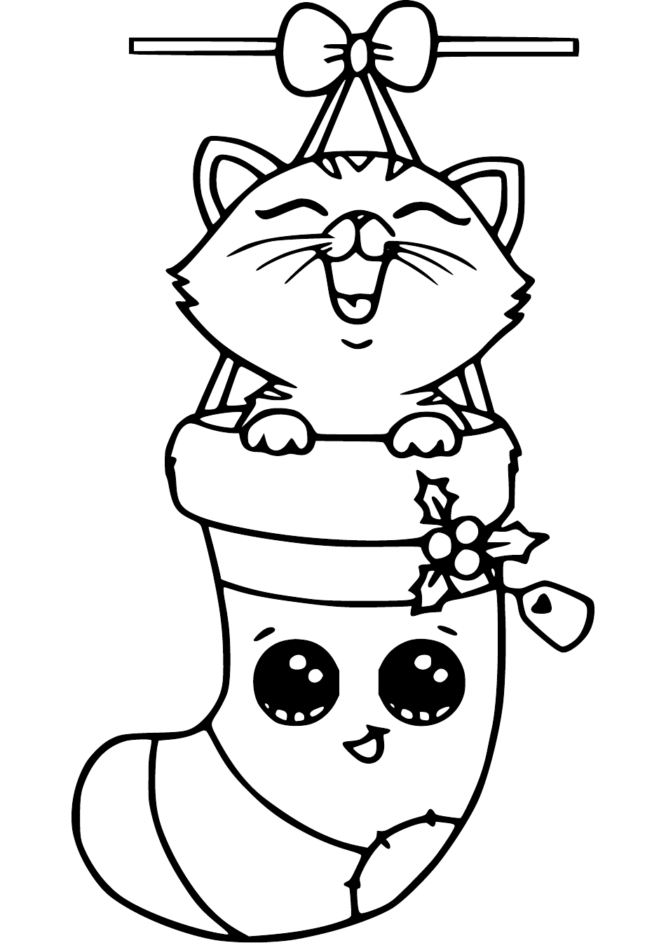 Christmas Cat in the Cute Stocking Coloring Sheet Download Printable