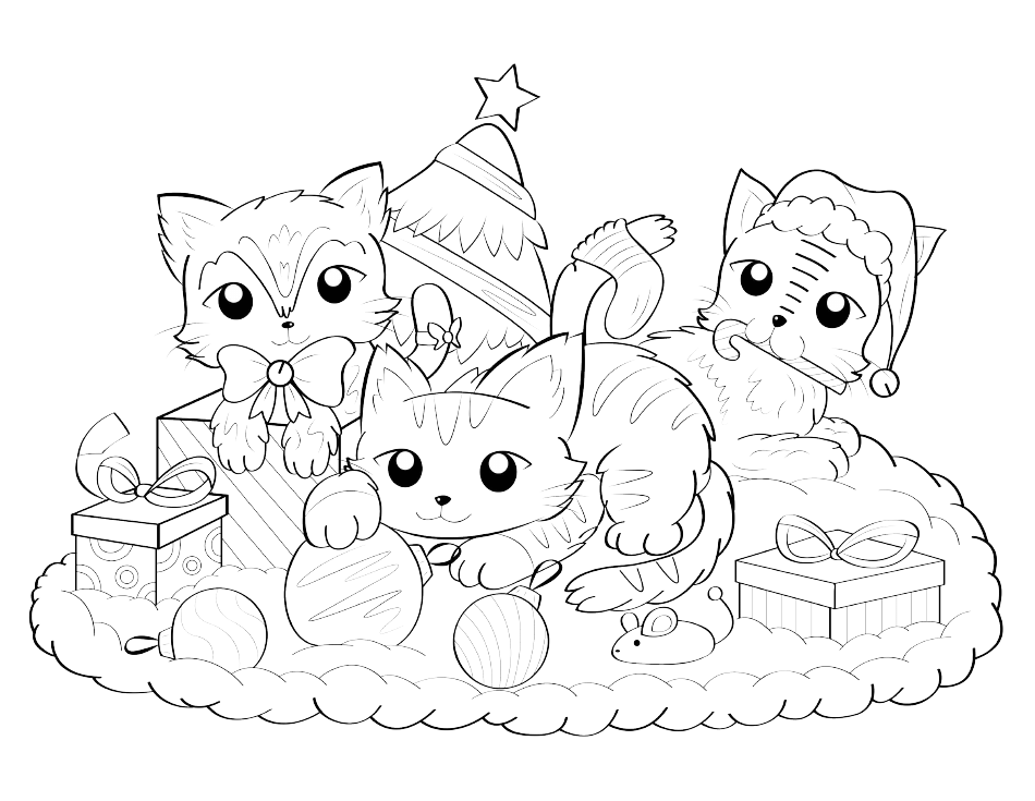 Christmas Cats Coloring Sheet - Printable Colorful Image for Coloring Book