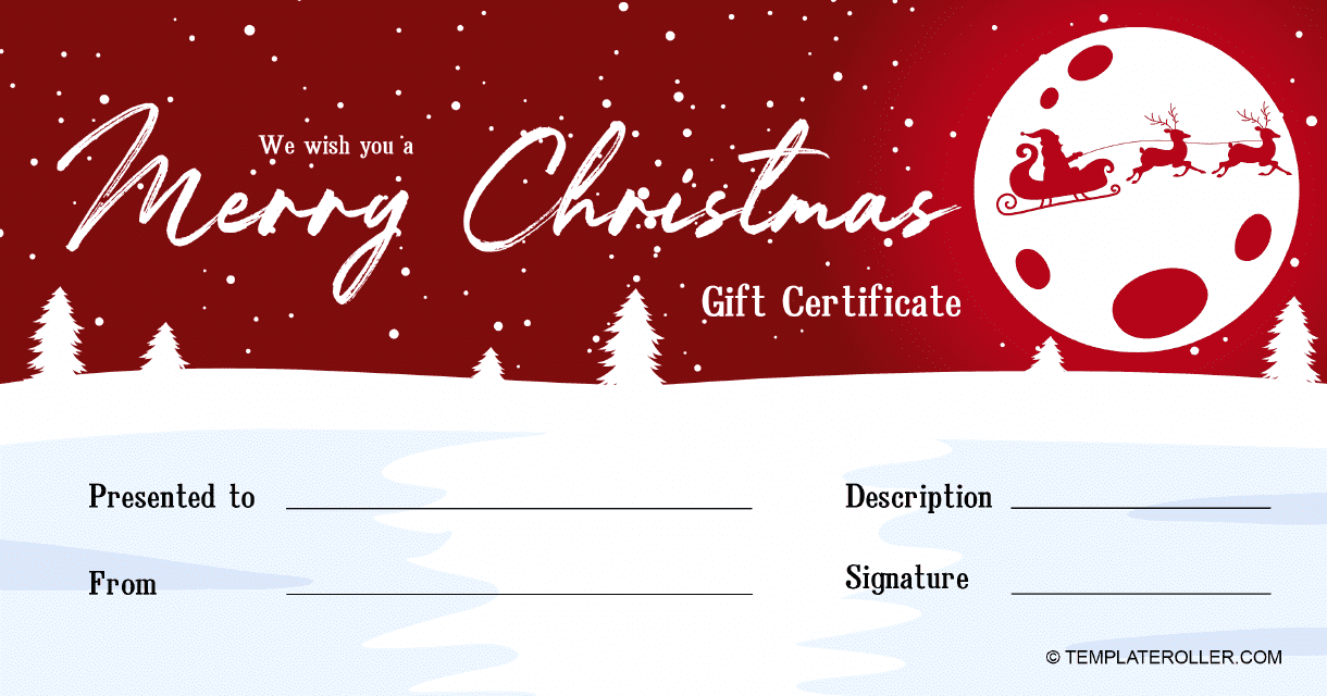 Christmas gift certificate template with a scenic snowy backdrop and a charming full moon