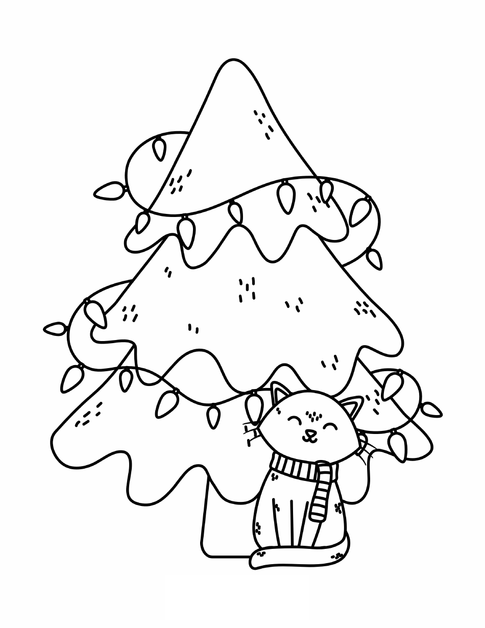 Christmas Tree Coloring Pages with Cat