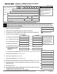 Document preview: IRS Form 944 Employer's Annual Federal Tax Return, 2022