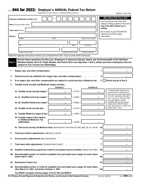 IRS Form 944 Employer&#039;s Annual Federal Tax Return, 2022