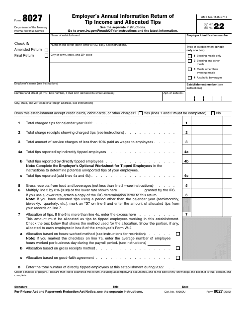 IRS Form 8027 2022 Printable Pdf