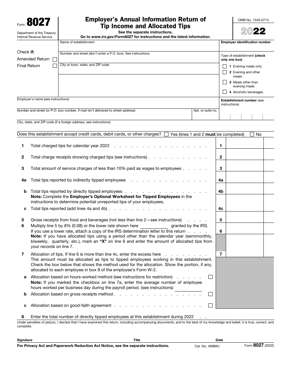 IRS Form 8027 Employers Annual Information Return of Tip Income and Allocated Tips, Page 1