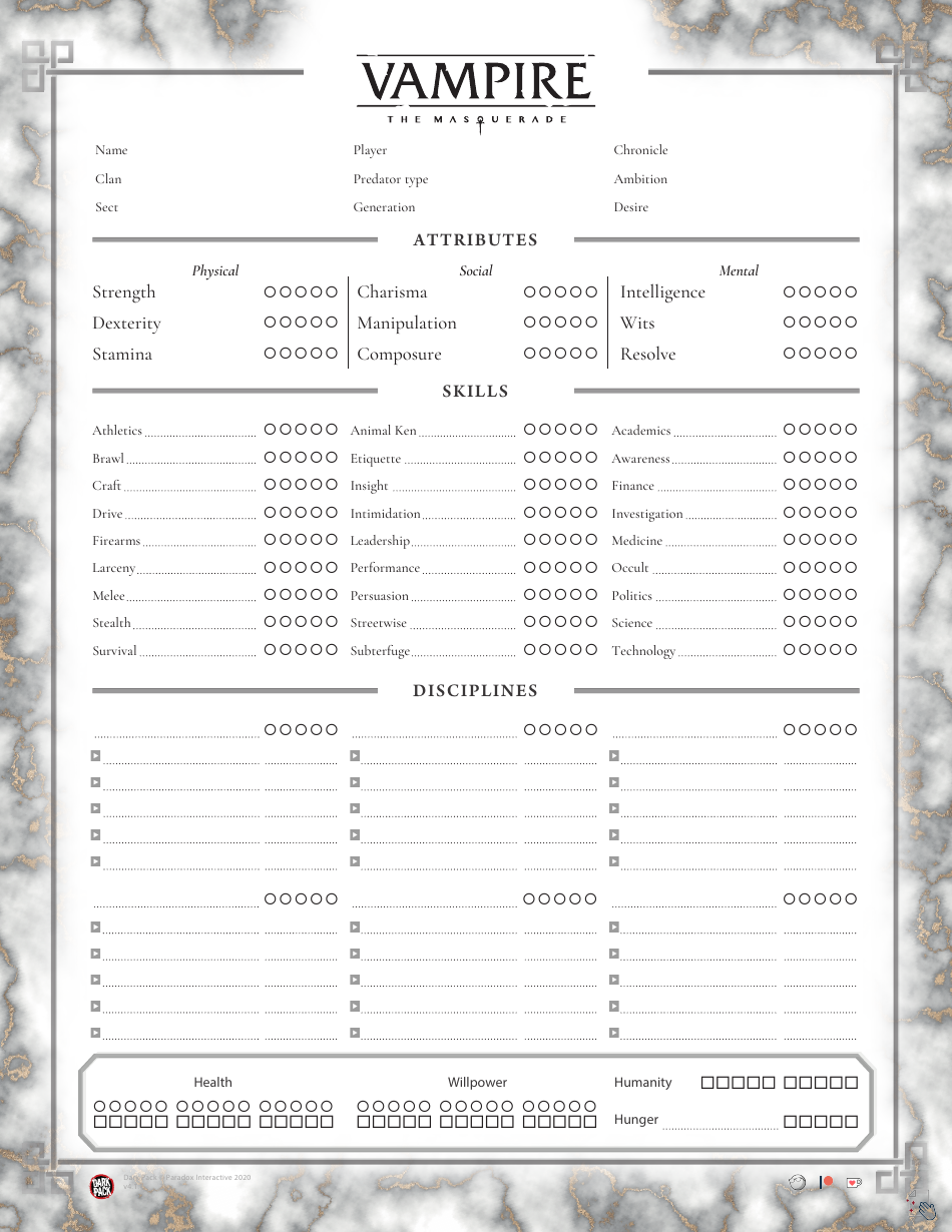 5th Edition Vampire the Masquerade Character Sheet with a captivating marble design