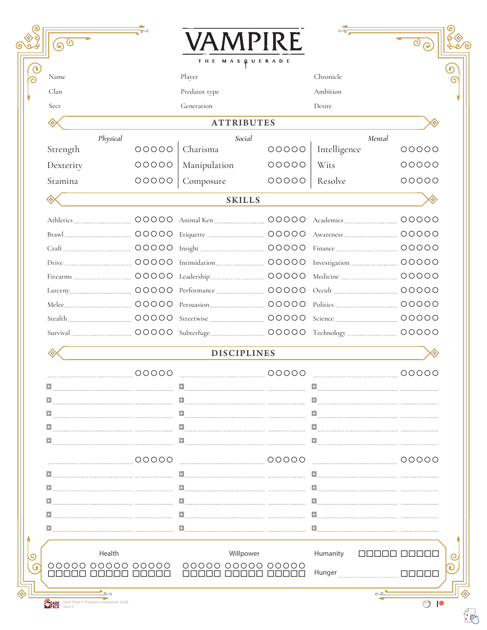 Vampire the Masquerade Character Sheet for 5th Edition - White design