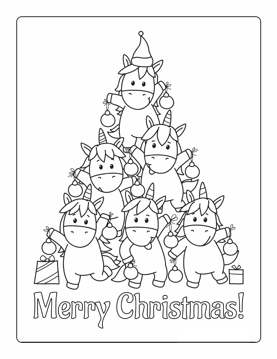 Christmas Tree Coloring Pages with Unicorns